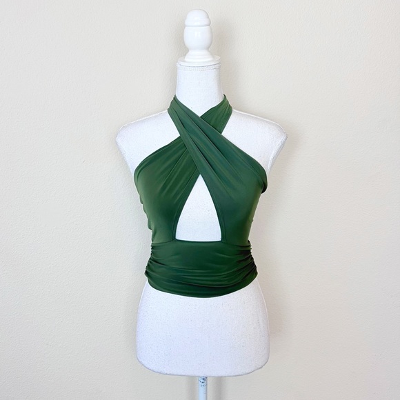 Fashion Nova Olive Green Slinky Multi-way Criss Cross Halter Cut Out Crop Top - Picture 1 of 15